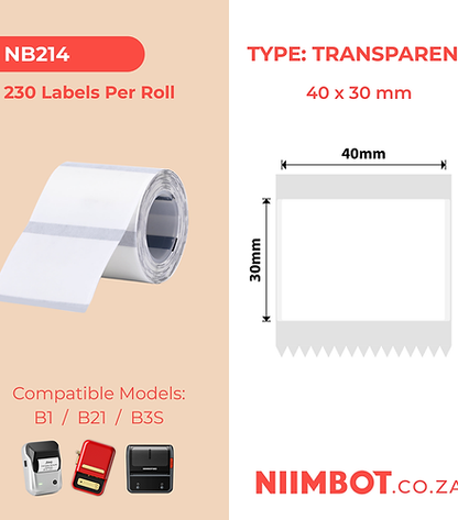 Niimbot NB214 Label Roll - 40X30mm (Transparent) | B1 / B21 / B3S  Suitable